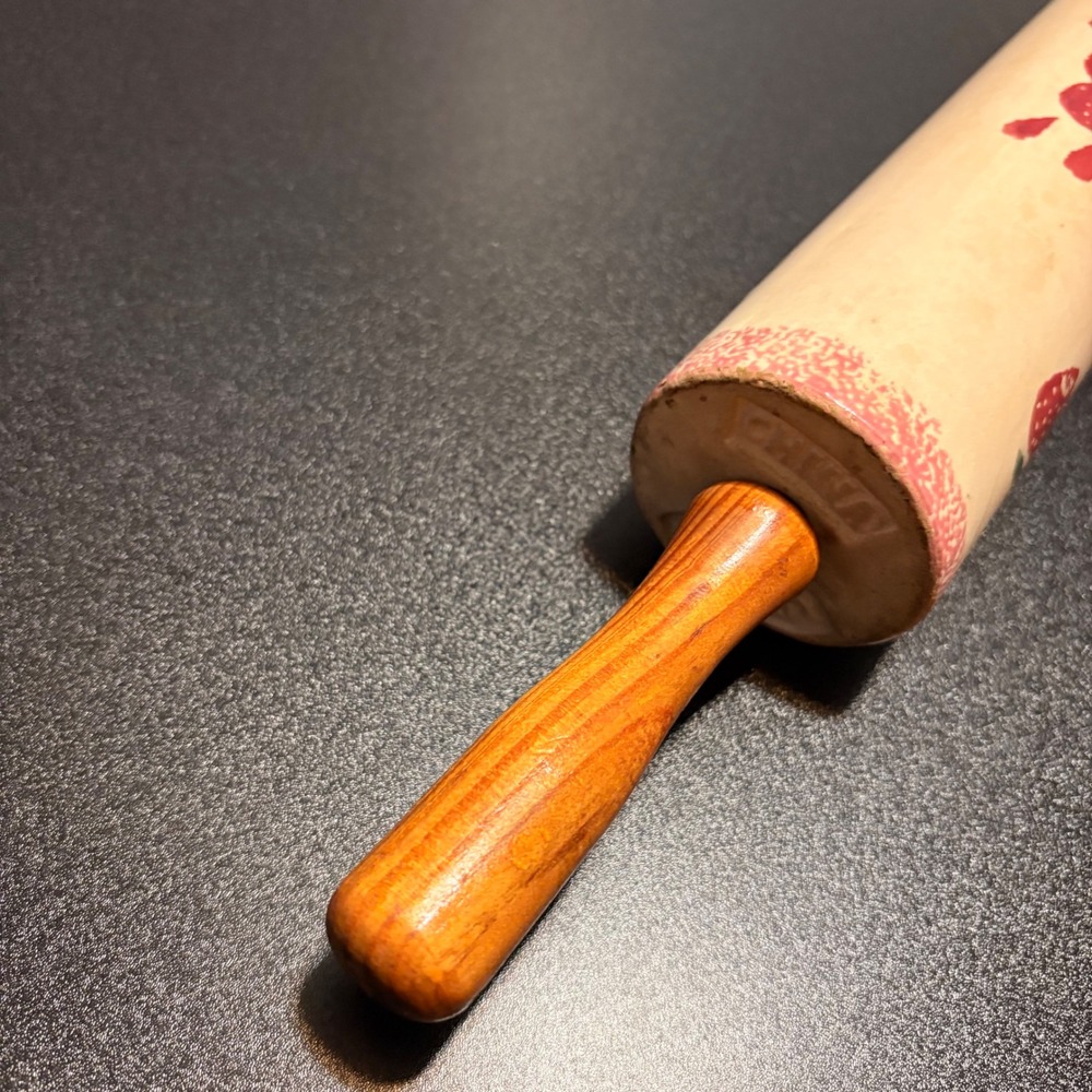 vintage Loomco glazed ceramic rolling pin & holder farmhouse decor strawberry - Picture 10 of 11